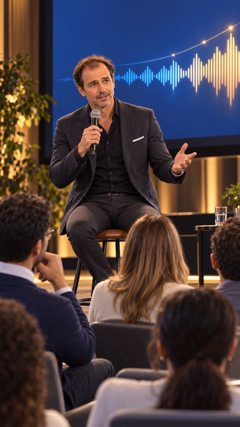 A man speaking confidently with a microphone to an engaged audience